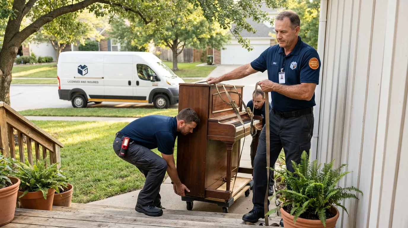 Licensed piano movers securing grand piano in Harwich, MA