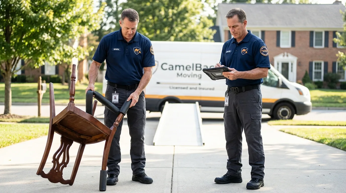Movers inspecting furniture for damage prevention before loading in Harwich, MA